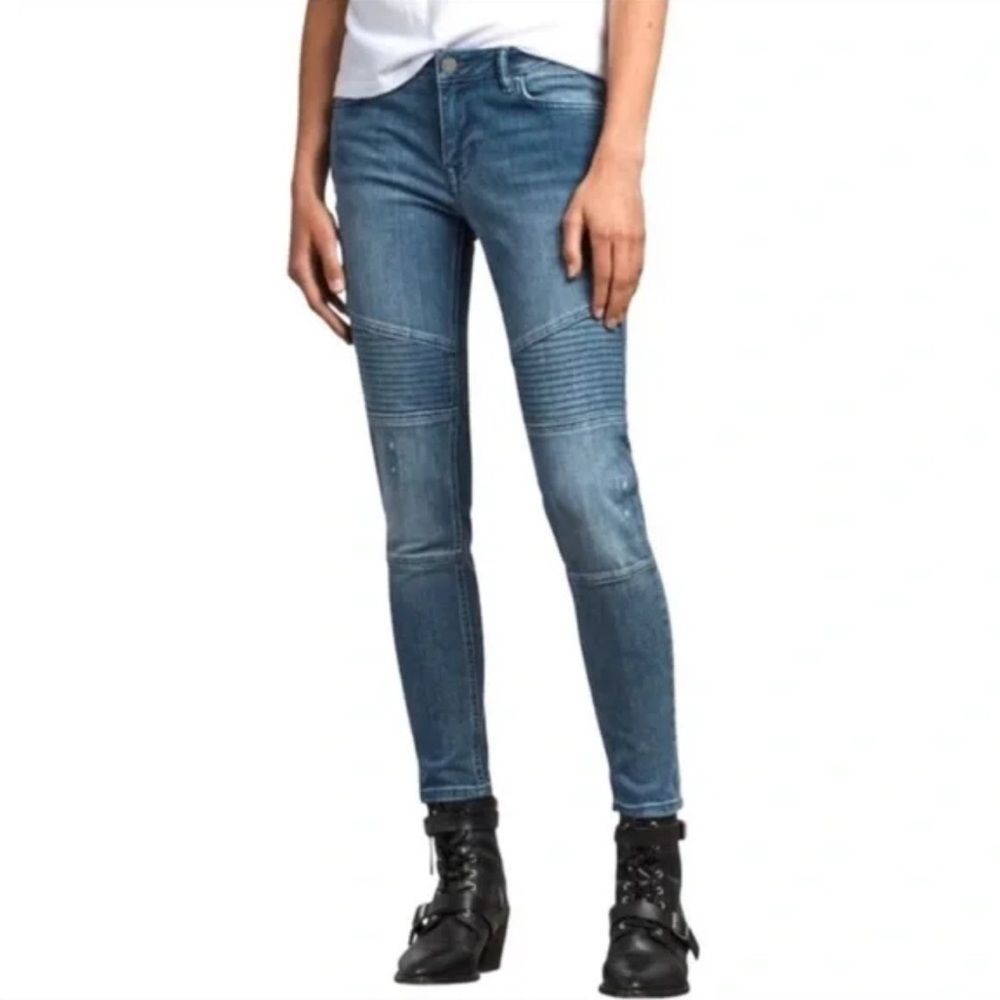 All Saints Blue Biker Cropped Destroyed Jeans